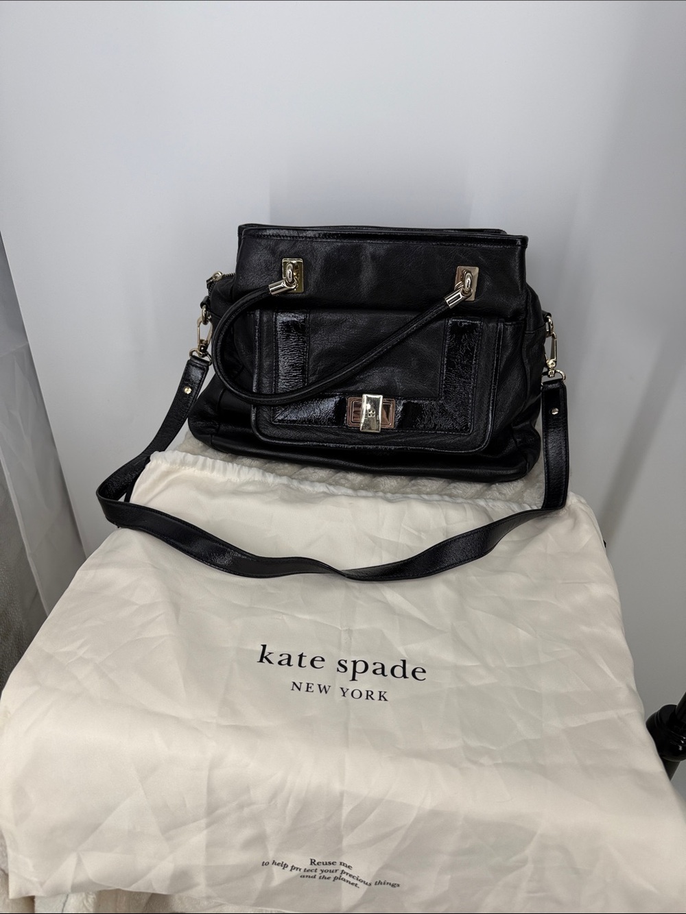 Kate Spade Black Leather Top-Handle Satchel Handbag with crossbody strap